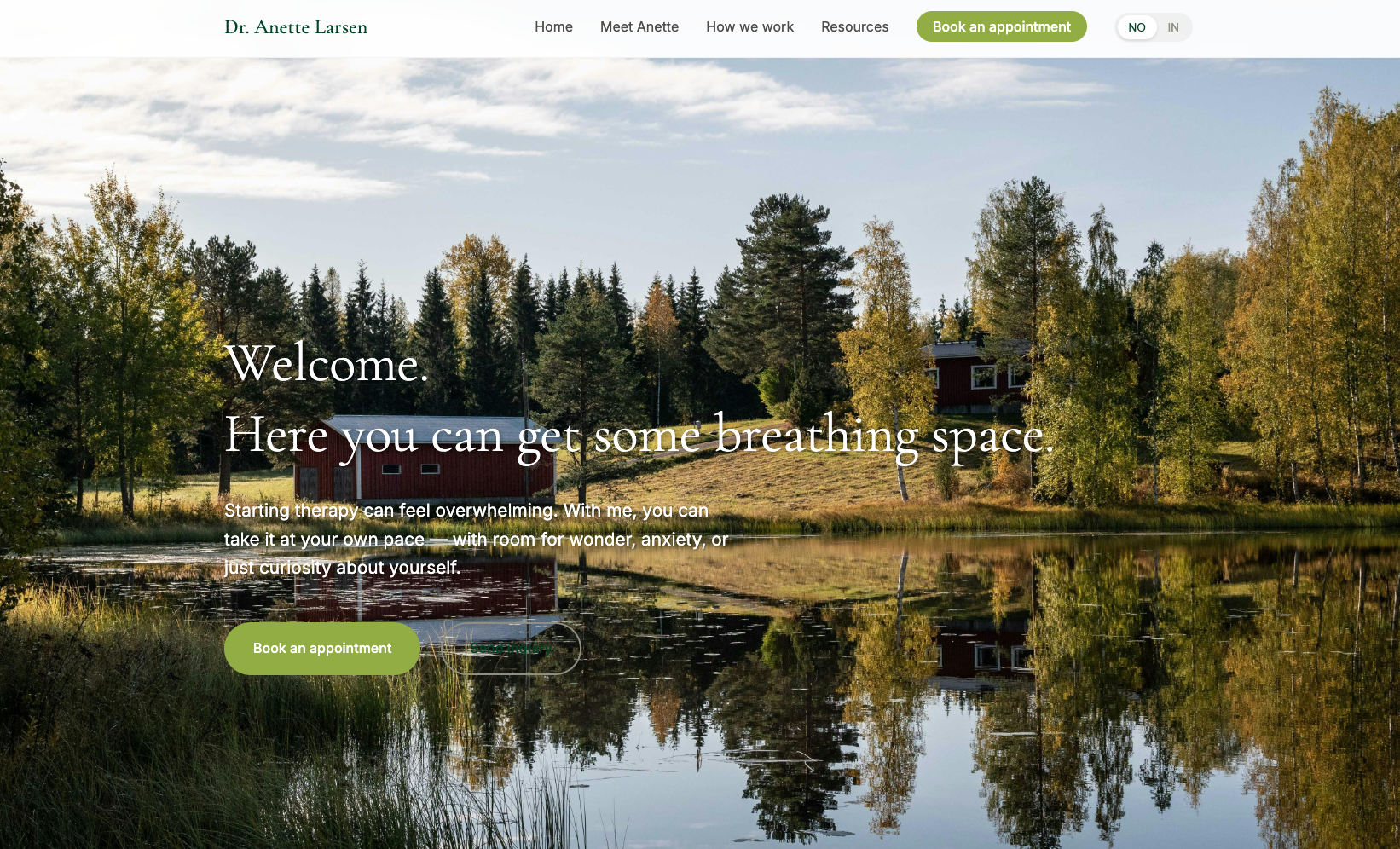 Homepage of a calm, nature inspired website for a psychologist in Oslo