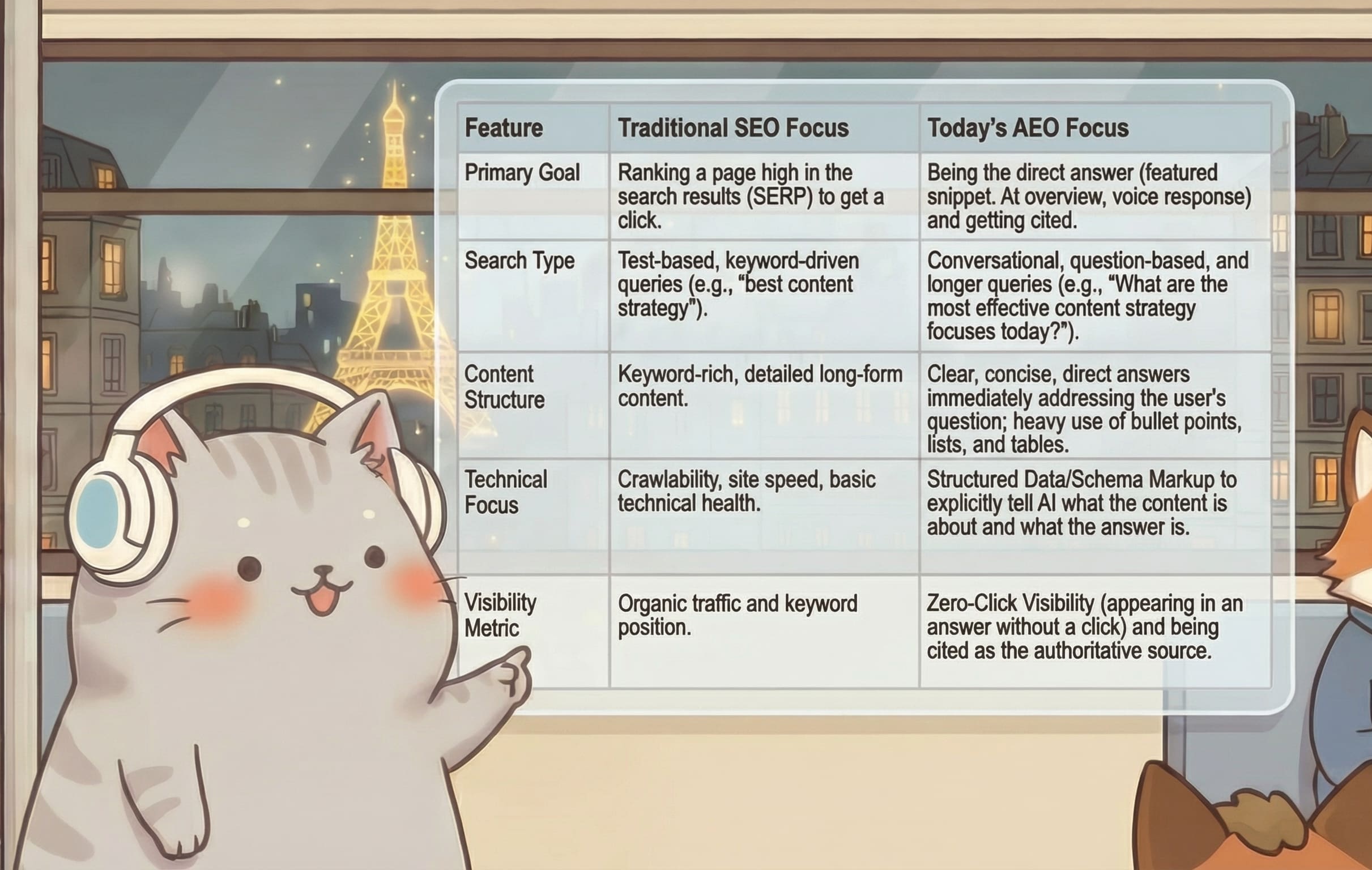 A visual comparison of SEO vs AEO. It highlights the key differences in goals, content structure and visibility metrics 
